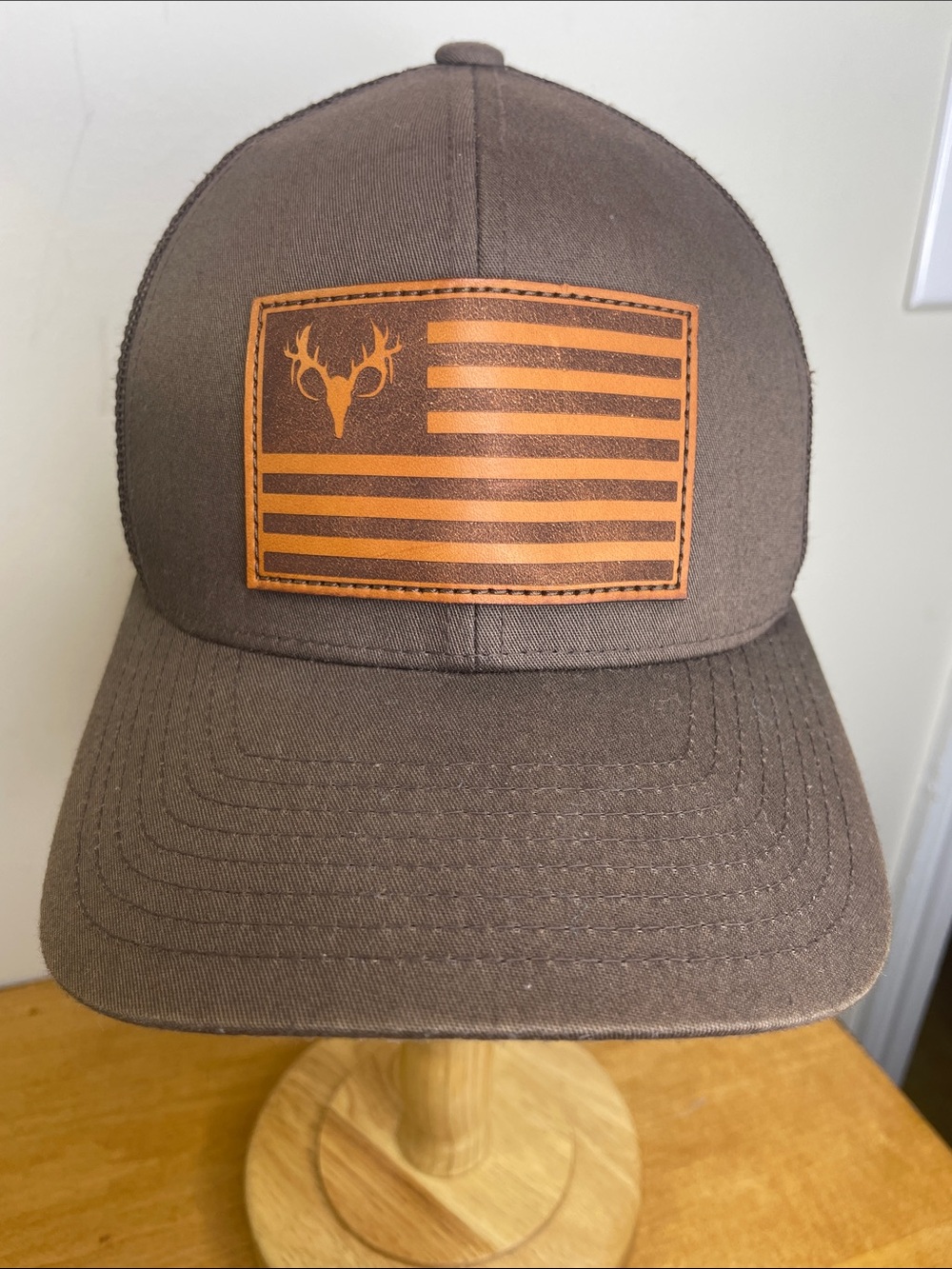 Brown Trucker Cap with Leather-Style Antler Flag Patch